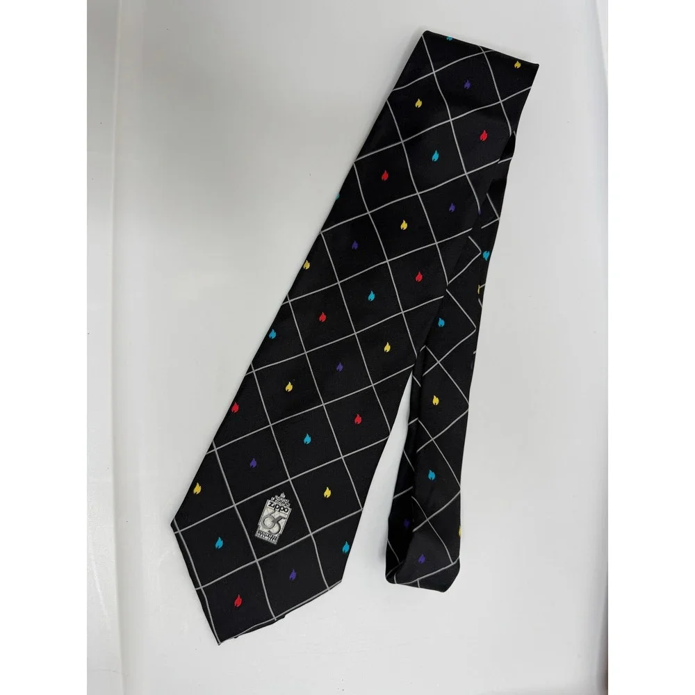 Vtg Zippo 65th Anniversary Silk Necktie Black Diamond Pattern Flame Accents Mens
